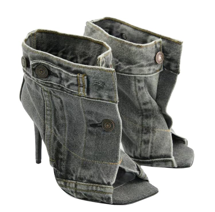 VERISSON Women's Square Toe Canvas Ankle Boots Studded Buttons Stiletto Ankle-cuff Denim Boots3