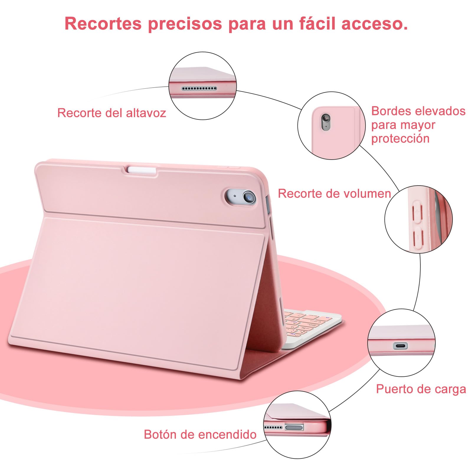 MMK Funda con Teclado para iPad A16 11ª Generación 2025/10ª Generación 2022, QWERTY Español Ñ, Funda Teclado iPad 11/10 Gen Bluetooth Inalámbrico Desmontable (Rosado)