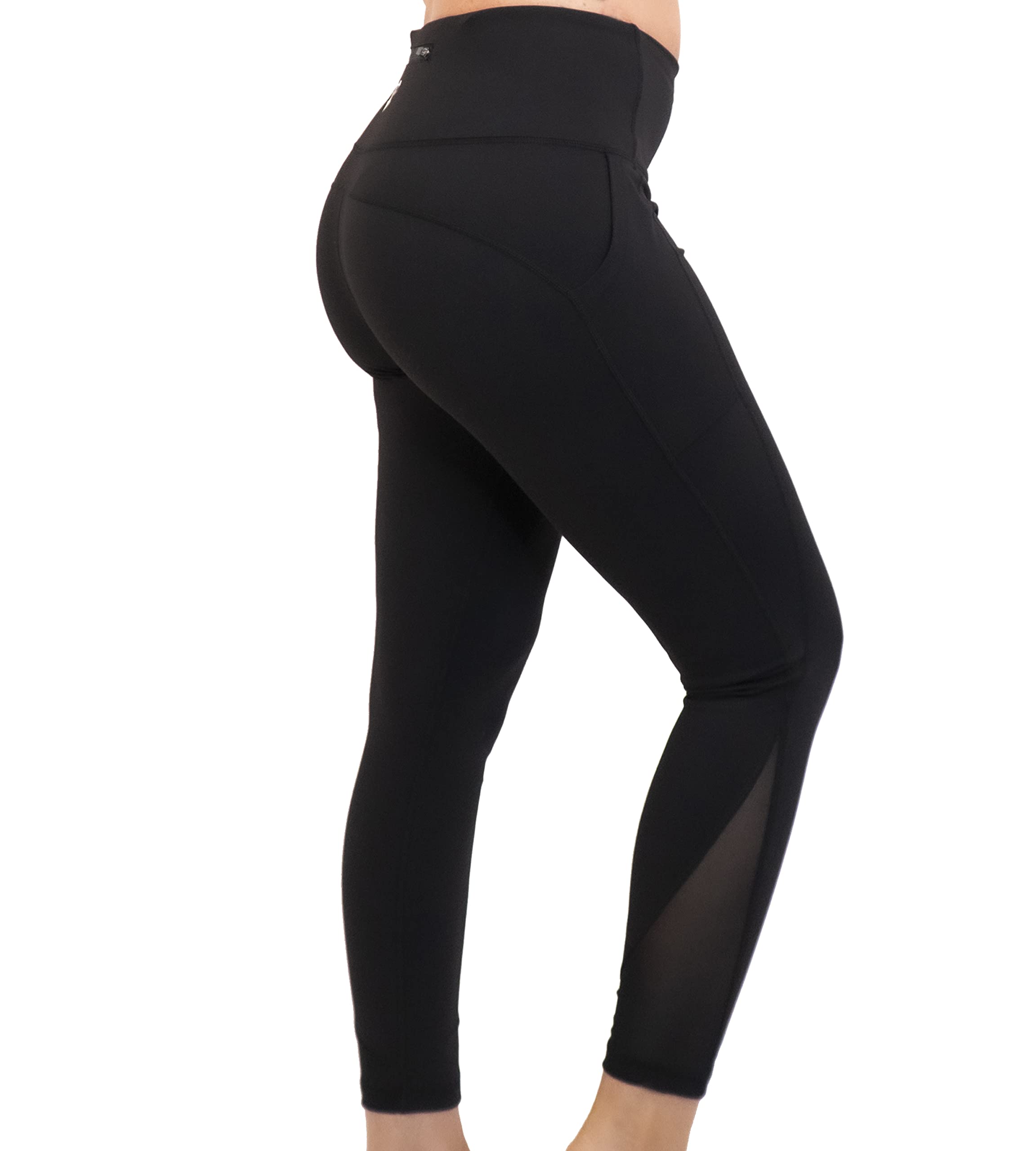 Pantalones de yoga para mujer con control de abdomen, malla de pantorrilla, 2 bolsillos laterales y 1 trasero con cremallera y cordón