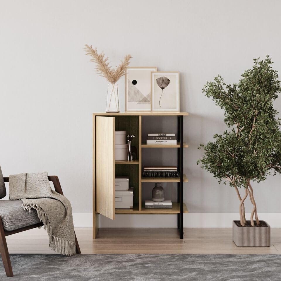 URBNLIVING 60cm Wood Steel Living Room 1 Door Bedside Cabinet Shelf Shelving Bookcase Unit, Modern Storage Organizer, Contemporary Design, Home Furniture, Multifunctional Storage Solution