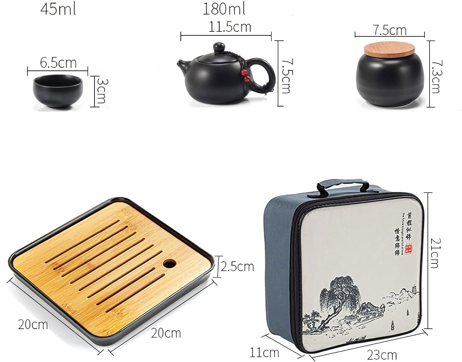 Set de tetera, servicio de té chino Kungfu, tetera de cerámica con 4 tazas y bandeja porta té, juego de viaje para té suelto, negro