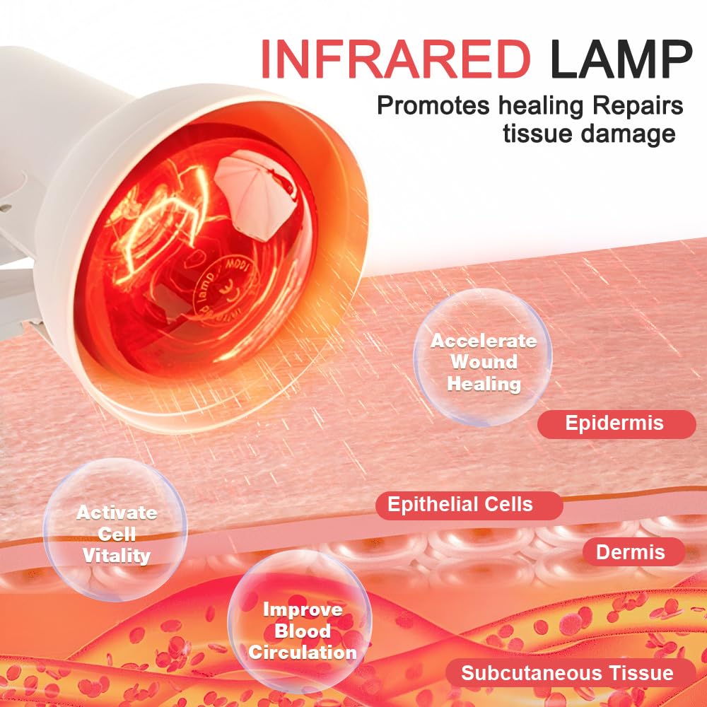 Rotlichtlampe, 150W Infrarotlampe, Rotlichtlampe Wärmelampe mit 4 Wärmestufen und 3 Zeitoptionen, Einstellbarer Winkel Rotlichtlampes Therapie, Infrarot Wärmelampe für Zuhause