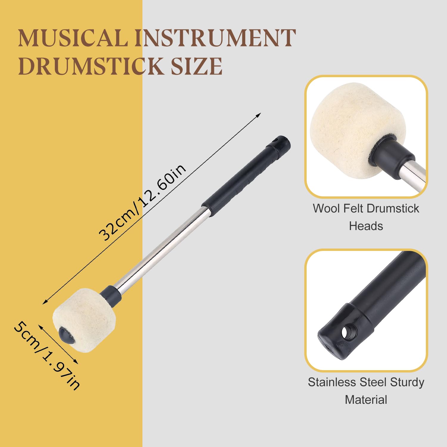 2pcs Martello per Tamburo, Bastone in Feltro di Lana Testa e Acciaio Inossidabile Antiscivolo Xilofono Marimba Bacchetta Strumento Musicale a Percussione per Bambini Bambini Adulti