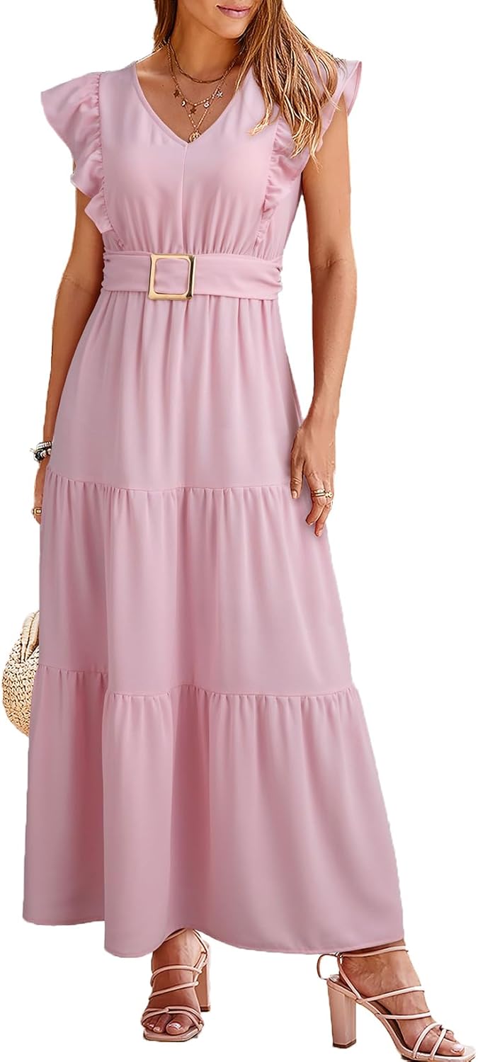 Dokotoo Women's Summer Maxi Dress V-Neck Cap Sleeve Ruched Empire Waist Cocktail Dress Wedding Guest Dresses