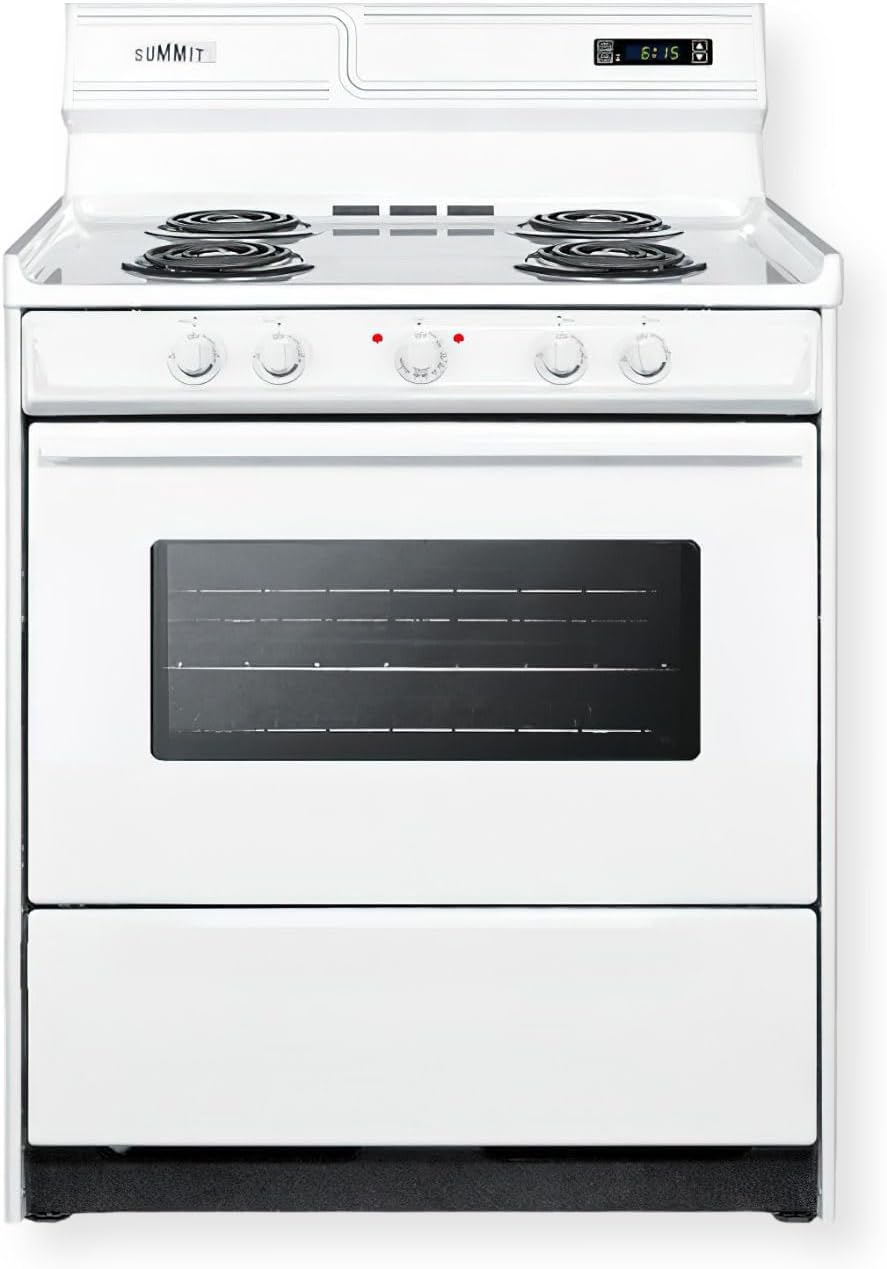 Summit Appliance WEM230KW 30" Wide Electric Coil Top Range, White; Upfront Controls; 4 Coil Elements; Push-to-turn Knobs; Indicator Lights; 3.7 cu.ft Oven; Digital Clock and Timer; Cord Not Included