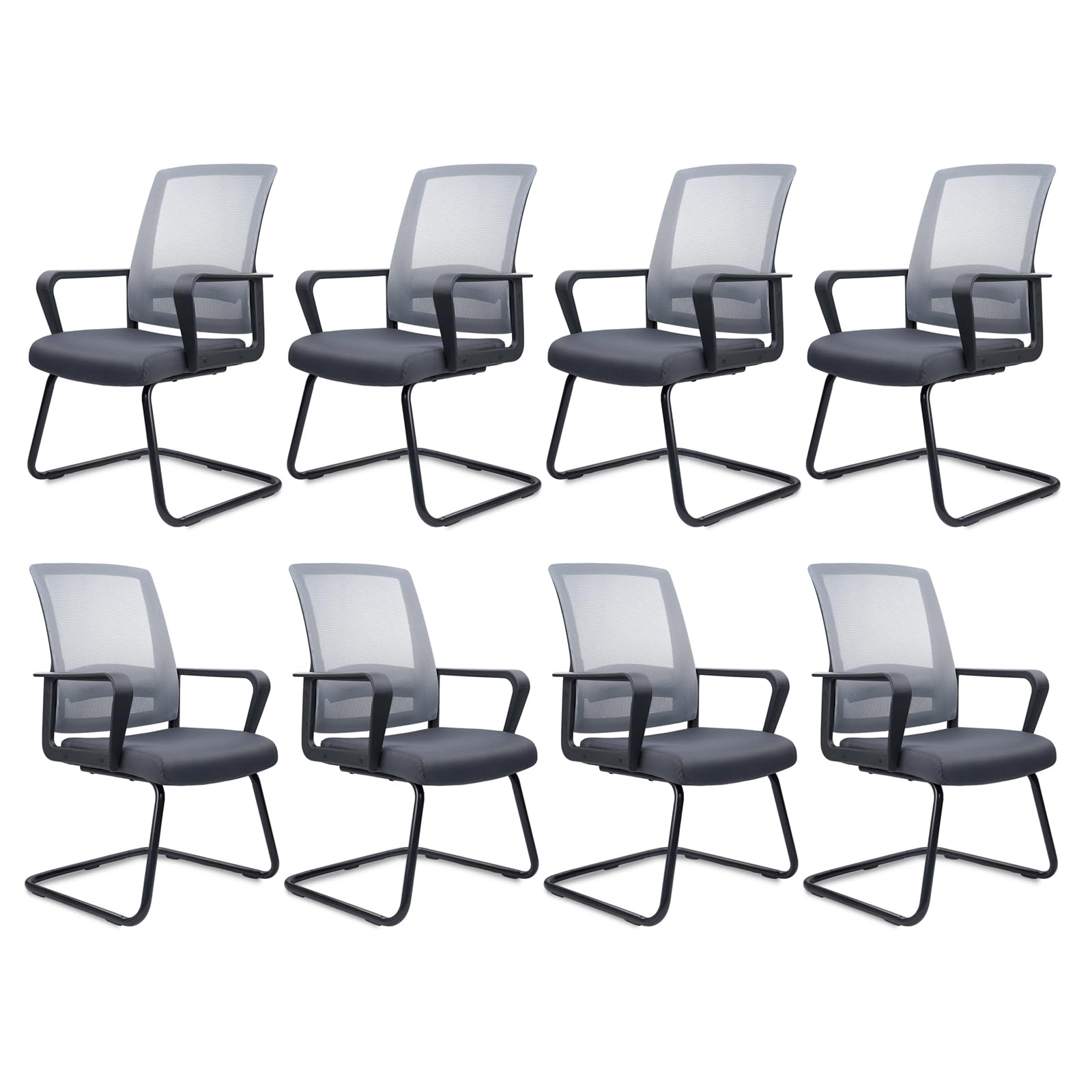 CLATINA Home Office Desk Chair No Wheels Set of 8, Ergonomic Executive Mid Back Mesh Space Air Mesh Computer Chairs with Comfy Arms and Lumbar Support for Home Waiting Reception Guest, Grey