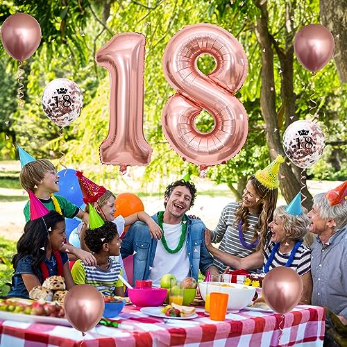 Image of 18th Birthday Decorations for Girls, 18th Birthday Balloons with 40 Inch Foil Number 18 Balloon Rose Gold Birthday Confetti Balloons Metallic Latex Balloons Set for 18 Years Old Birthday Decorations