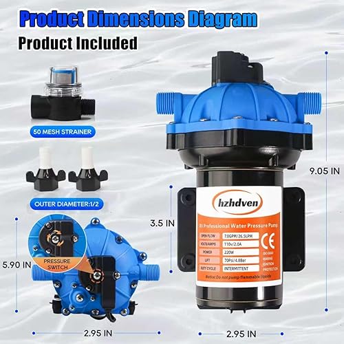 Miniatura 8 de Bomba de agua dulce mejorada de 110 V CA, 7 GPM 70 PSI, bomba de diafragma autocebante de cinco cámaras con interruptor de presión resistente y