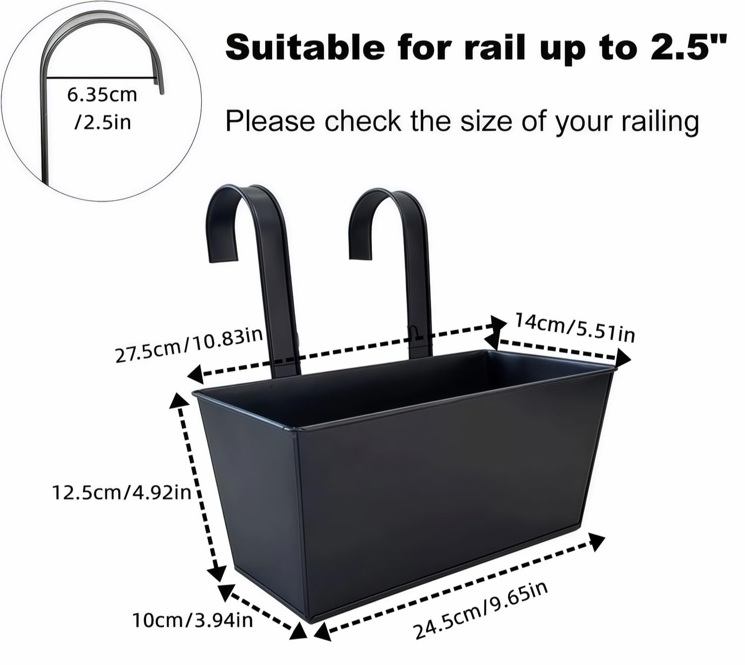 4 pièces de pots métalliques suspendus de 11 pouces avec crochets détachables, boîtes à fleurs pour fenêtres avec garde-corps noir, pots rustiques à accrocher au mur pour clôture extérieure, patio, ba