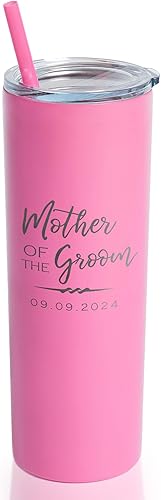 Vaso de acero inoxidable delgado grabado para madre del novio con pajilla, 20 onzas (rosa)