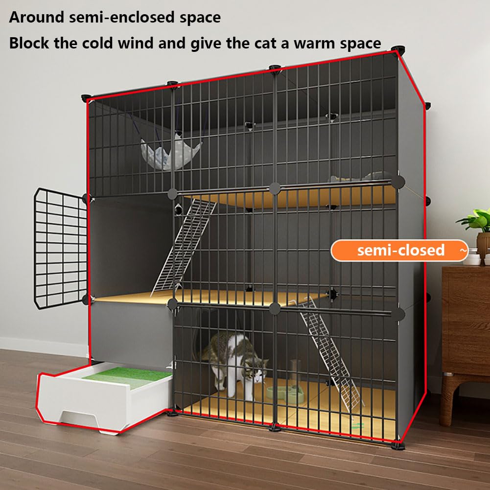 DIY Petit Animal Cage pour Animaux, Enclos Chat Balcon Metal, Clôture Pliable pour Lapins, Cochons d'Inde, Chiots, Chat, Furet - Extérieur/Interieur, Noir, 111x49x75cm