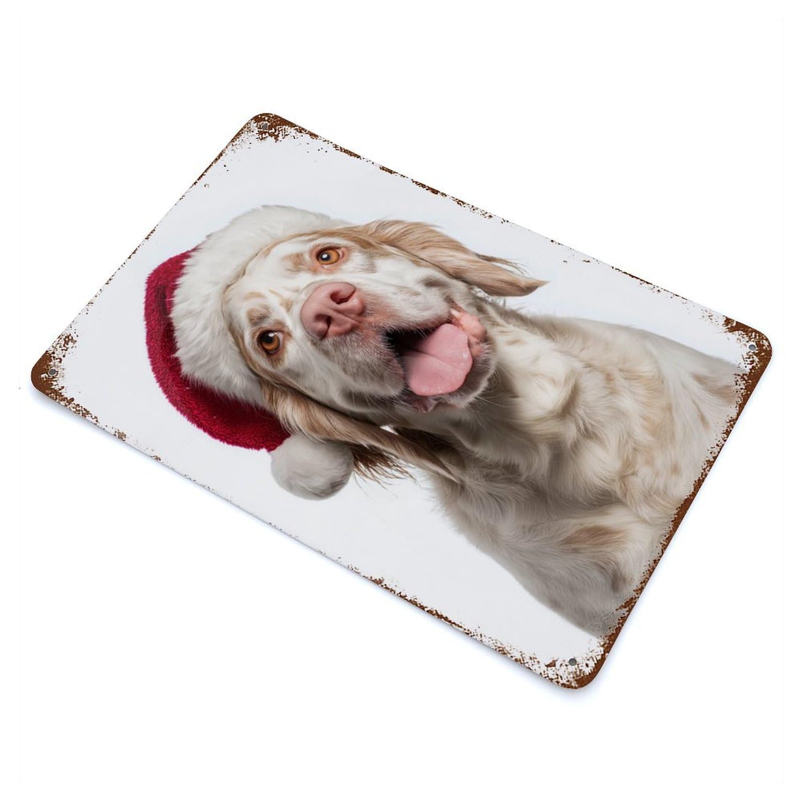 Distressed Metal Wall Sign Clumber Spaniel Dog with Santa Hat Portrait 11.8"x7.9", Vintage Wall Decor for Garage, Bar And Workshop Decor
