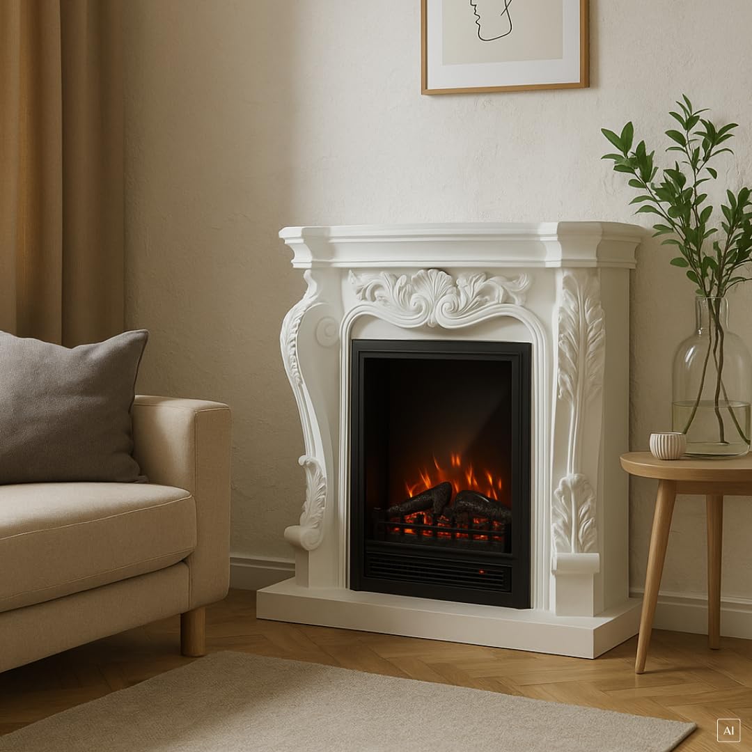 abc HOME | Elektrischer Kamin | Barockstil | Fernbedienung | Heizfunktion | realistische Flamme