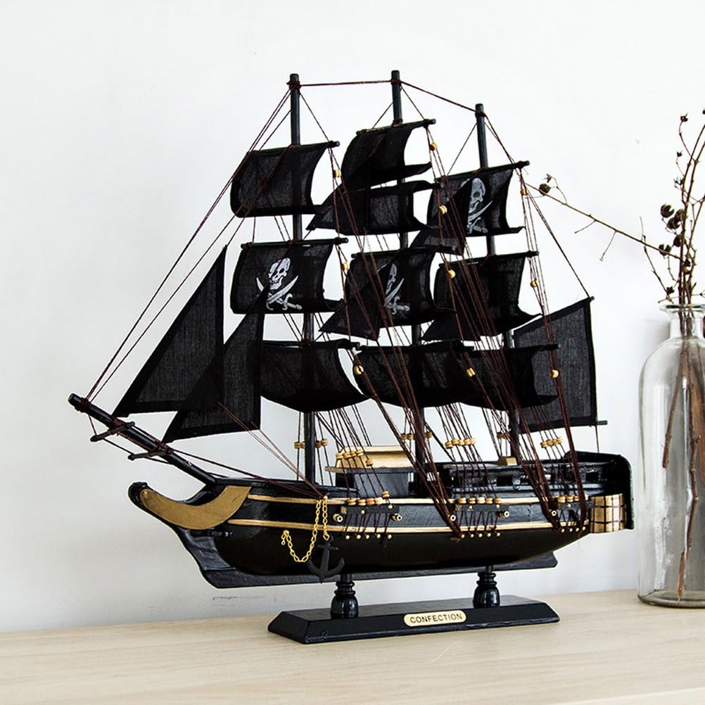 YLME Handgefertigtes Segelboot Modell Aus Holz 48 cm Großes, Schwarz-Goldenes Großsegler-Modell Nautische Dekoration Keine Montage Erforderlich Geschichtsbegeisterte