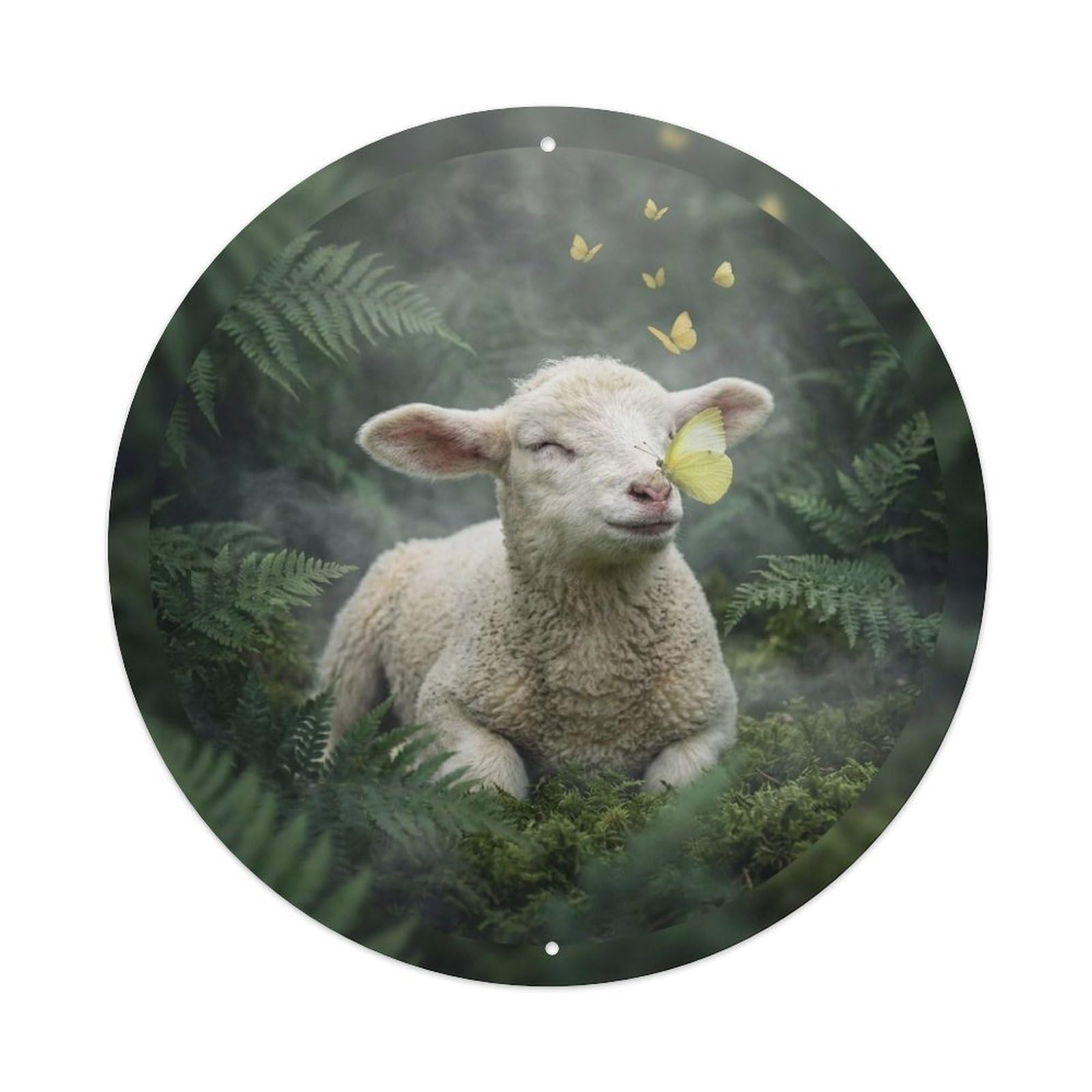 Lamb Cute Farm Animal Yellow Butterfly Meadow Dreamy Kawaii Metal Tin Sign Plaque Wall Decor for Cafe, Man Cave, Club Bar, Office, Home Garden Round Metal Poster 8x8Inch