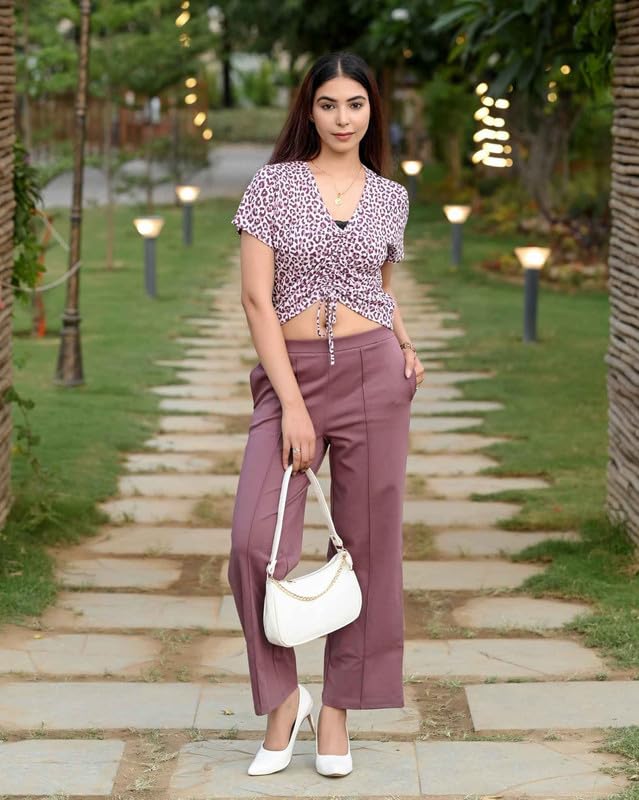Image of Mlada Mid Waist Wide Leg Flared Pants Elastic Waist Band for Women Office Work Formal Wear Stretch Cotton Knit Flare Pants Utility Pockets Extra Flare Pants Trousers for Travel