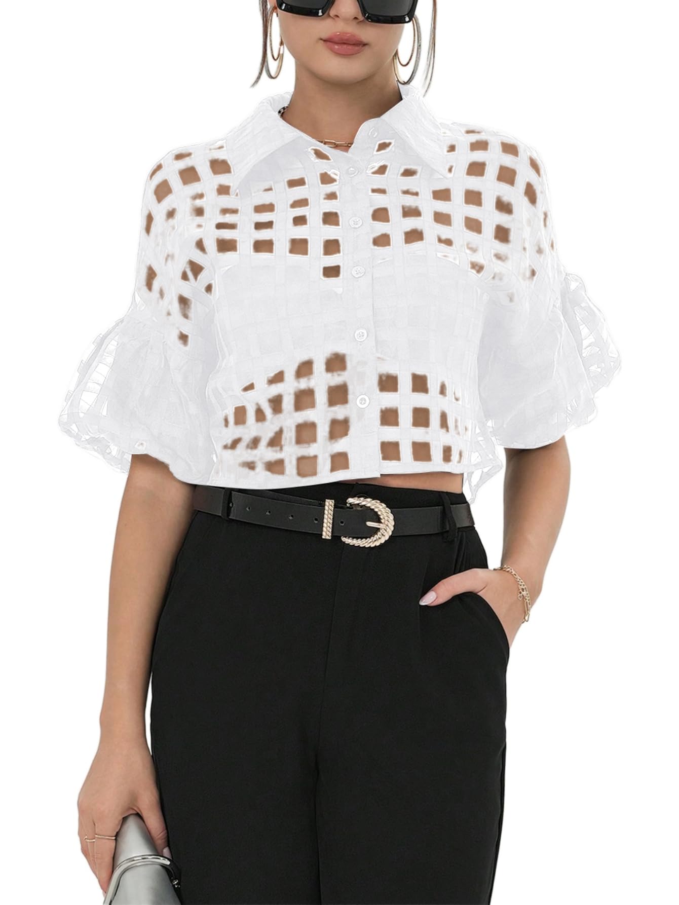 Floerns Damen-Bluse mit Knopfleiste, durchsichtig, Netzstoff, kurze Ärmel, Kragen, bauchfrei