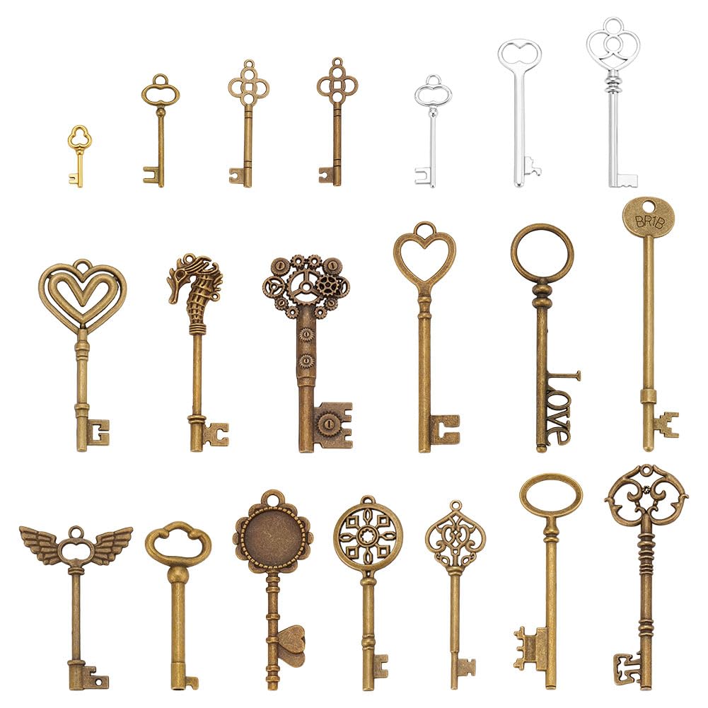 PH PandaHall 20pcs Skeleton Keys Replacement Tibetan Style Key Charms Hollow Skeleton Keys Kit Vintage Keys for Antique Dresser Chinese Cabinet Antique Furniture and Old Style Cabinets