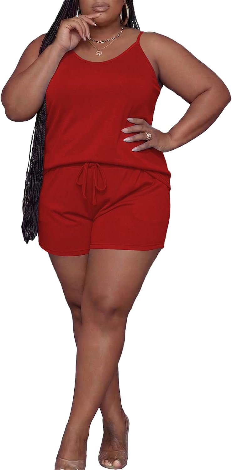 Tycorwd Women's Plus Size Two Piece Outfits Sweatsuits Sets Summer Sleeveless Suspender Tops Casual Baggy Print Shorts Sets