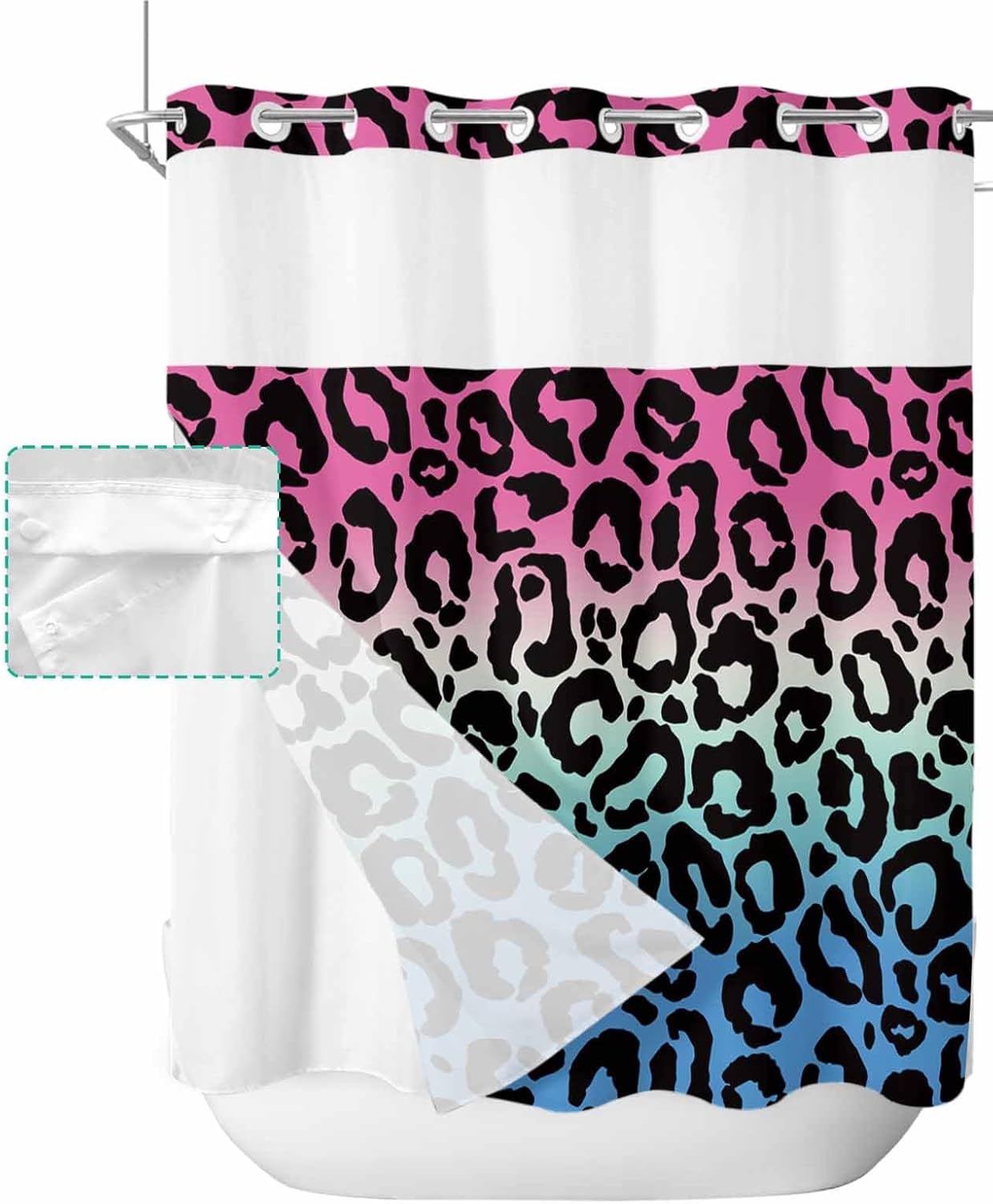 ALAGEO Shower Curtain with Snap-in Fabric Liner Set Ombre Leopard No Hook Shower Curtain with Mesh Top Window Pink Blue Green Gradual Color Shower Curtains Waterproof 66x72