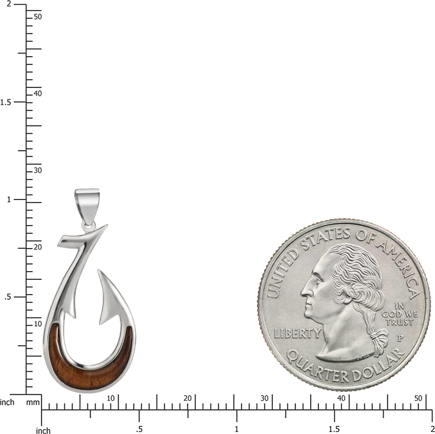 925 Sterling Silver Hawaiian Koa Wood Fish Hook Necklace Pendant with 18" Box Chain, Nickle Free Hypoallergenic for Sensitive Skin