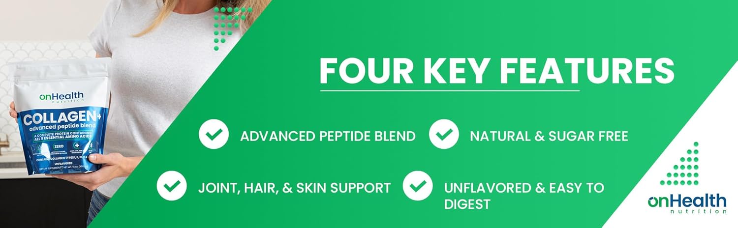 onHealth Multi Collagen Peptide Powder Types I, II, III, V & X Complete Protein with All 9 Essential Amino Acids Biotin, Hyaluronic Acid & Vitamin C Unflavored, Easy‑Mix Collagen for Women & Men