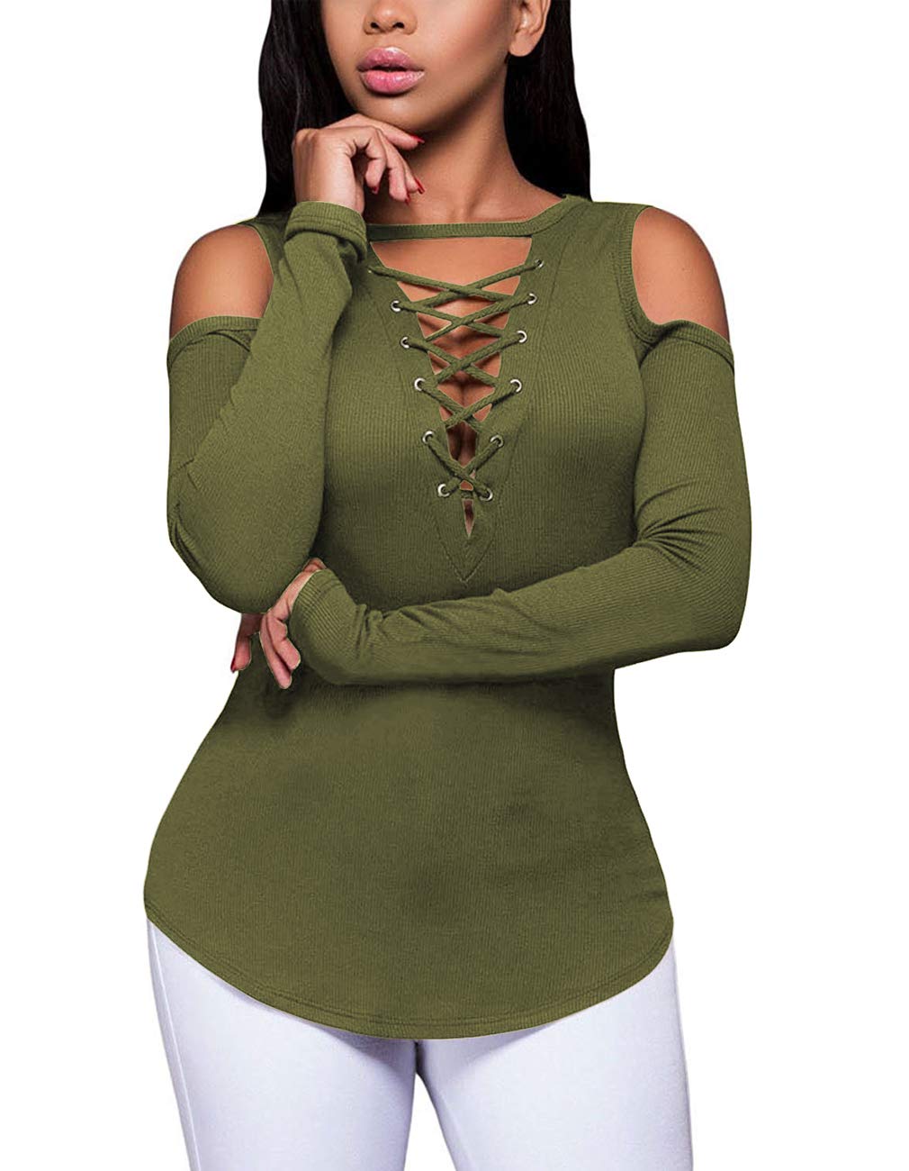 Women's Sexy V-Neck Cold Shoulder Long Sleeve Blouse Shirt Slim Lace-Up Ribbed Stretchy T-Shirt Top