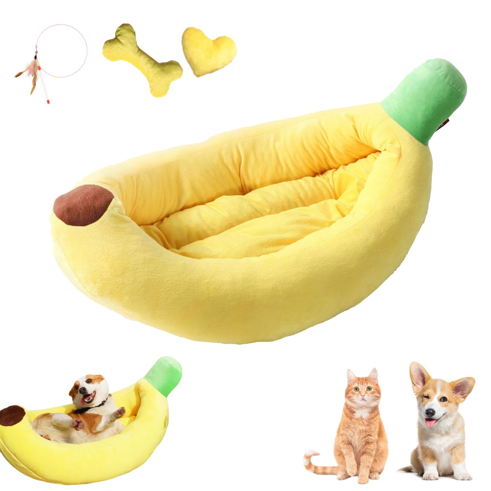 Banana Bed for Dogs, Banana Dog Bed, Banana Shaped Cat Bed for Dogs Cats, Creative Comfortable and Washable Banana Pet Bed with Removable Cushion (yellow+toy, 47 * 28 * 13cm)