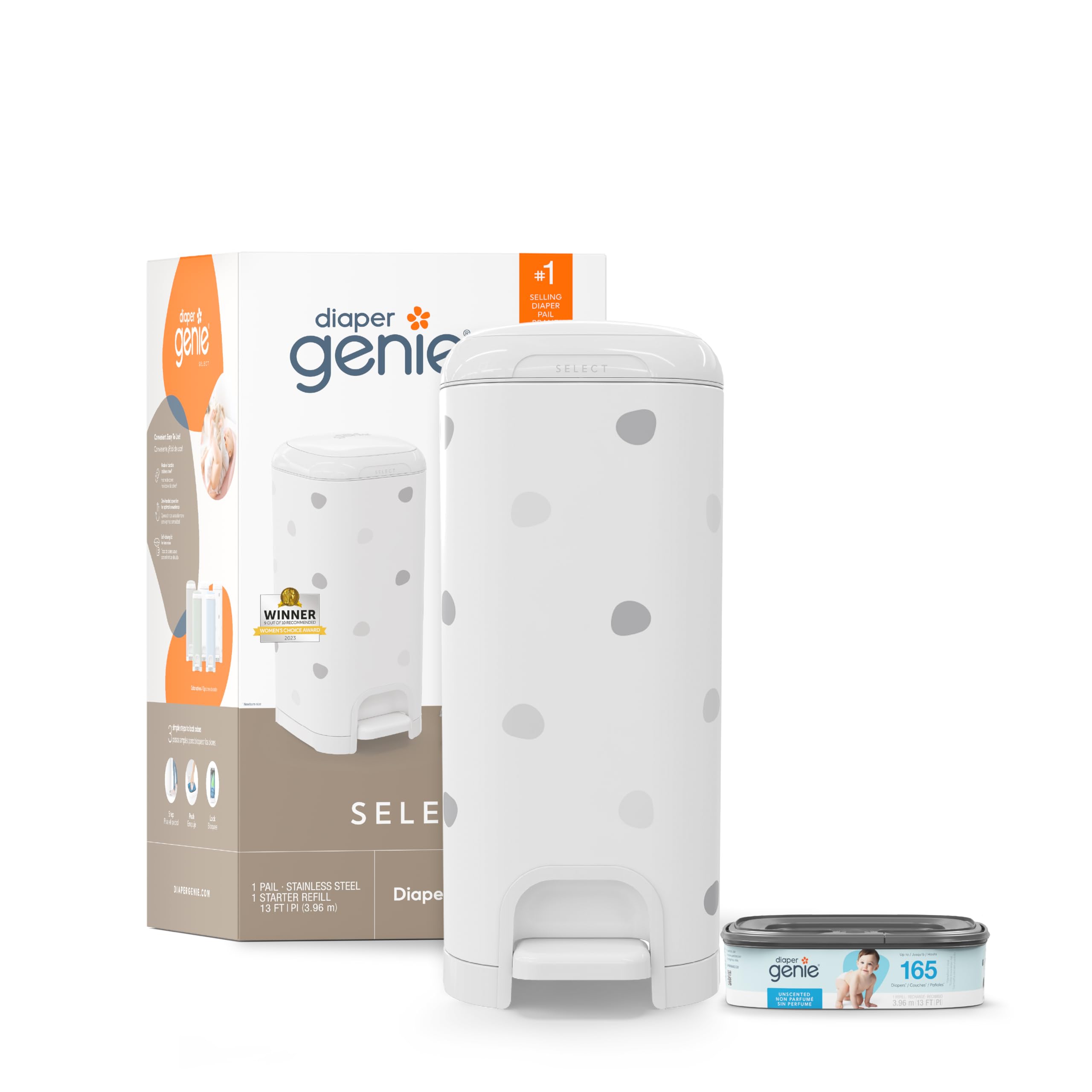 Diaper Genie Select Pail (Polka Dot) is made of durable stainless steel and includes 1 starter square refill That can hold up to 165 newborn-sized diapers.