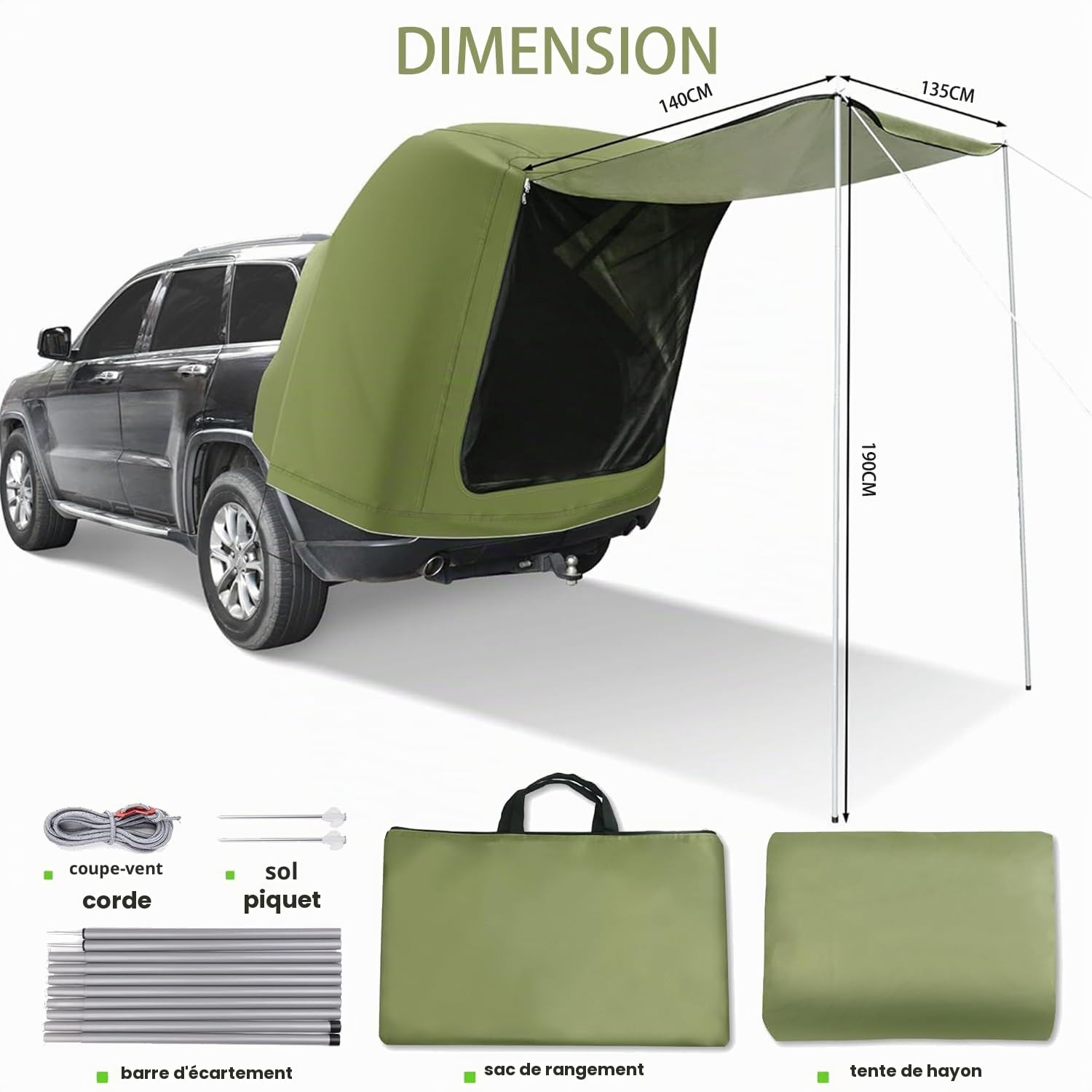 Tente de Hayon Voiture Universelle pour SUV - Tente Arrière Étanche Pluie et UV avec Barre de Support - Compatible Peugeot 3008, Renault Captur, Dacia Duster etc.