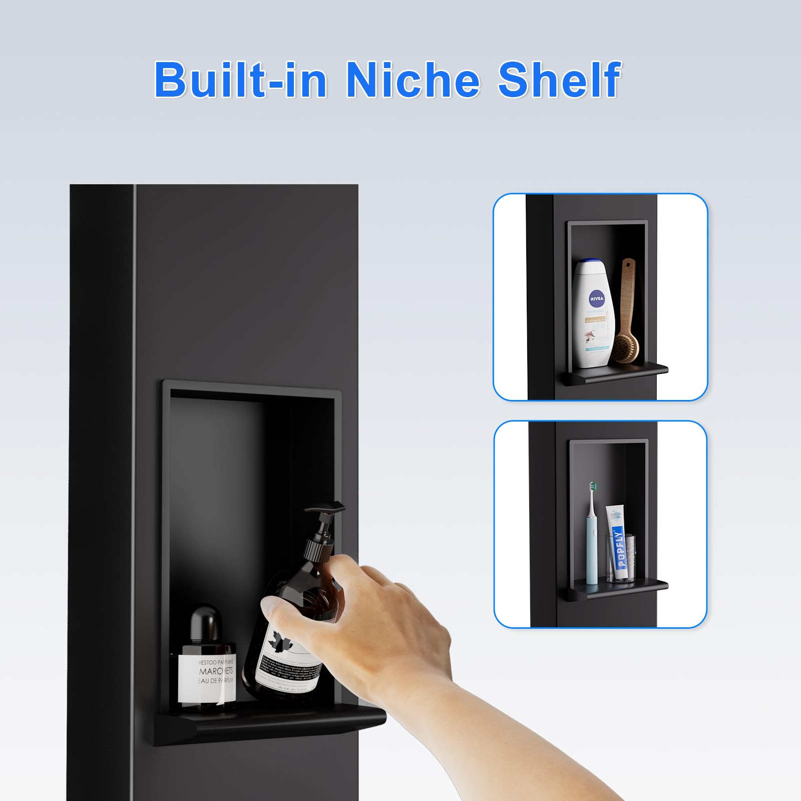 POPFLY Sistema de torre de panel de ducha, brazo de ducha ajustable, sistema de cabezal de lluvia de acero inoxidable con estante y 6 chorros de masaje corporal, panel de columna de ducha negro para