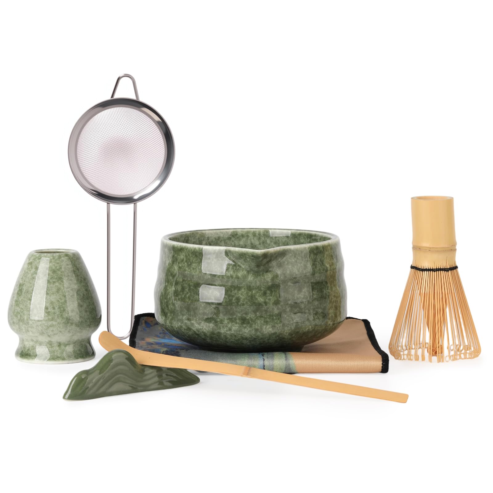 Japanese Matcha Whisk Set - 7-Piece Kit Bamboo Chasen, Ceramic Bowl with Spout, Stainless Steel Sifter & Holder Green