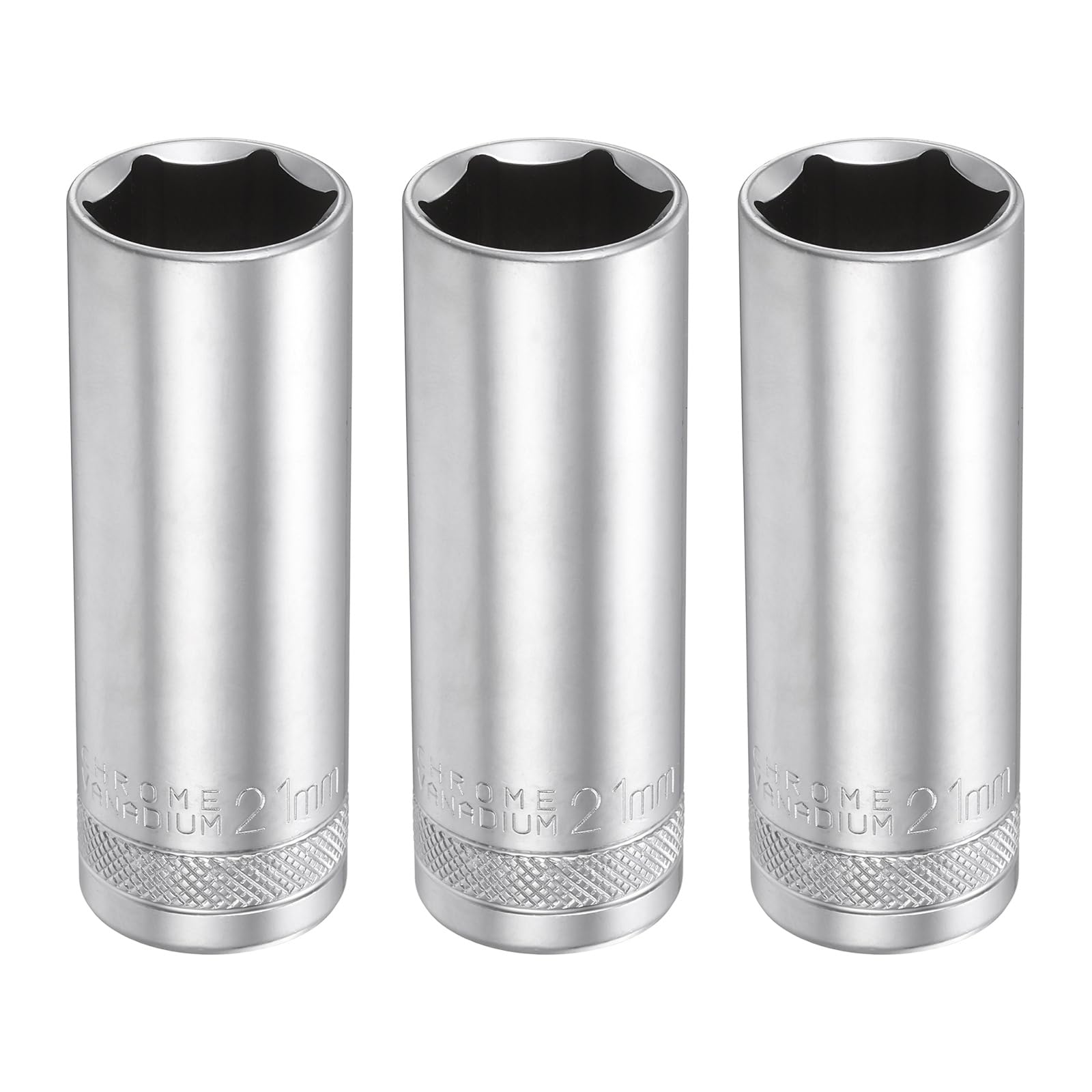 sourcing map 3pcs 6 Points Deep Socket 1/2" Drive 21mm Deep Metric CR-V Steel Polished Nickel Plating 78mm / 3.1" Long Hex Socket Tool for Home Auto Nuts Bolts Repair