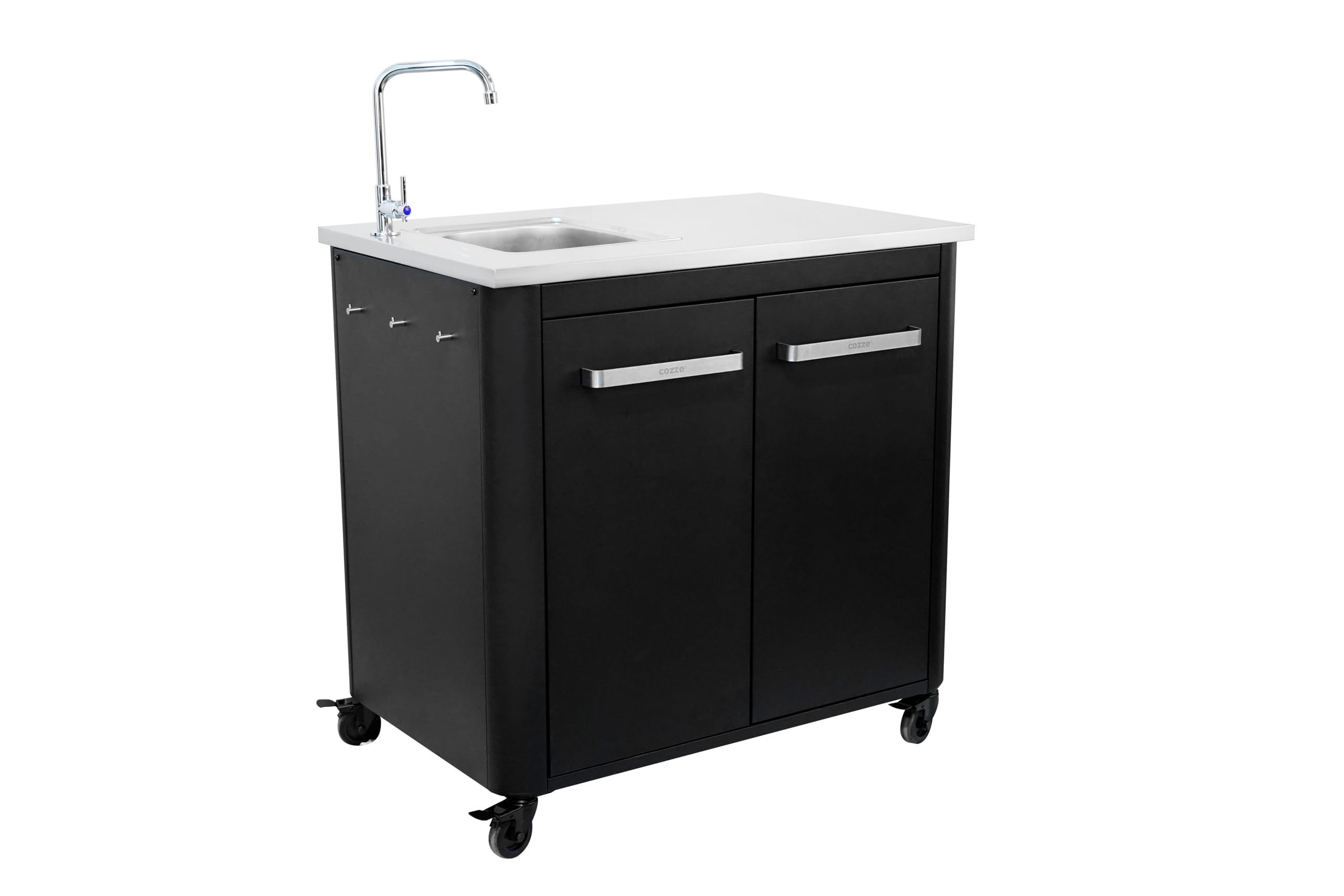 Cozze® Cucina da esterno 90 con lavello e rubinetto – Piano in acciaio inox, modulo BBQ componibile con vano contenitore, supporto sacco rifiuti, ganci e ruote, portata 100 kg