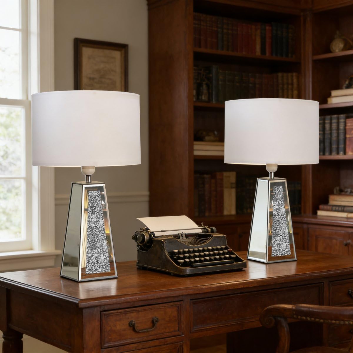 GOTHICO Silver Mirror Crushed Diamond LED Table Lamp, Four Prism