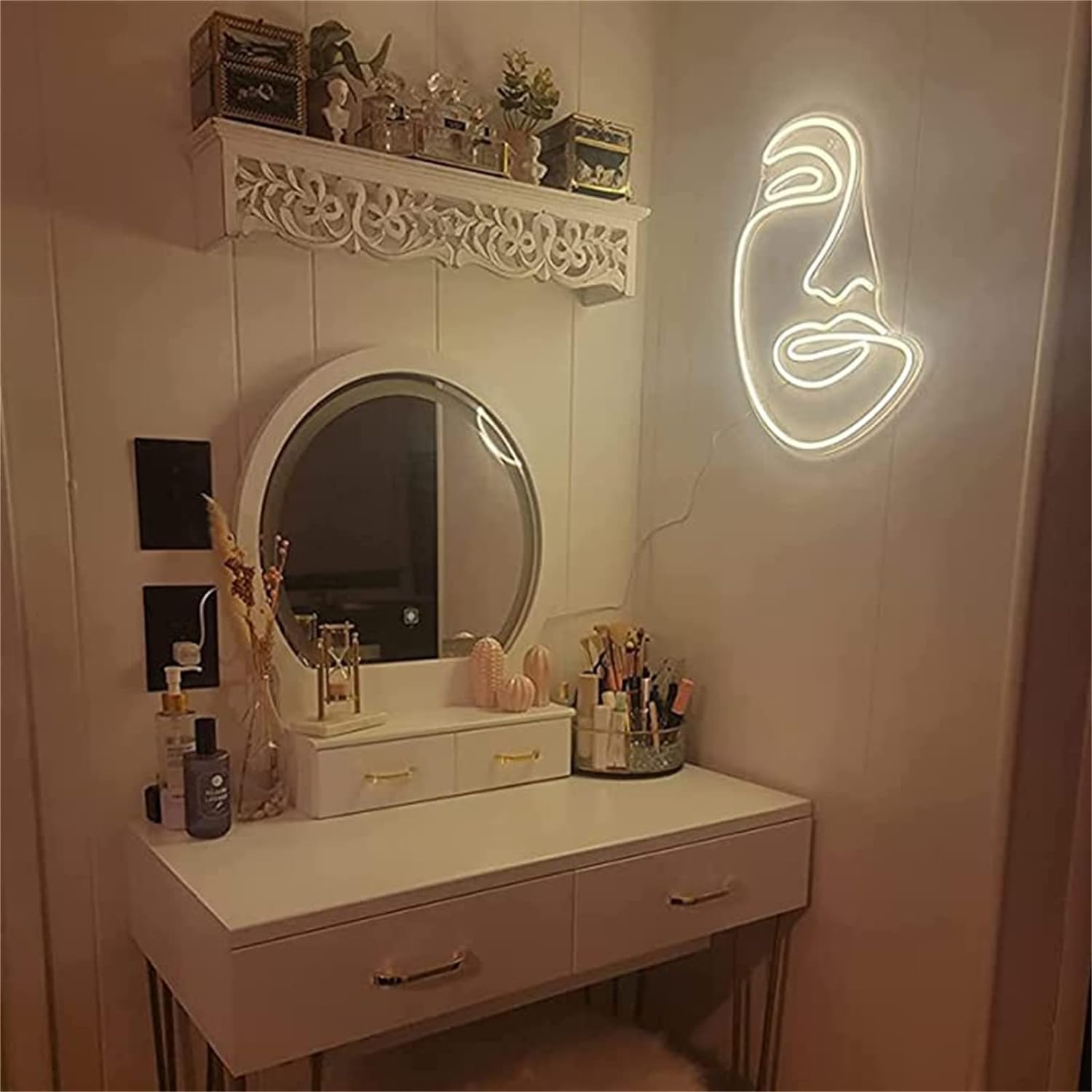 Perfil de cara LED de neón, adornos abstractos de decoración del hogar USB cálido blanco neón LED, señal de luz nocturna montada en la pared, 40 x 30 cm