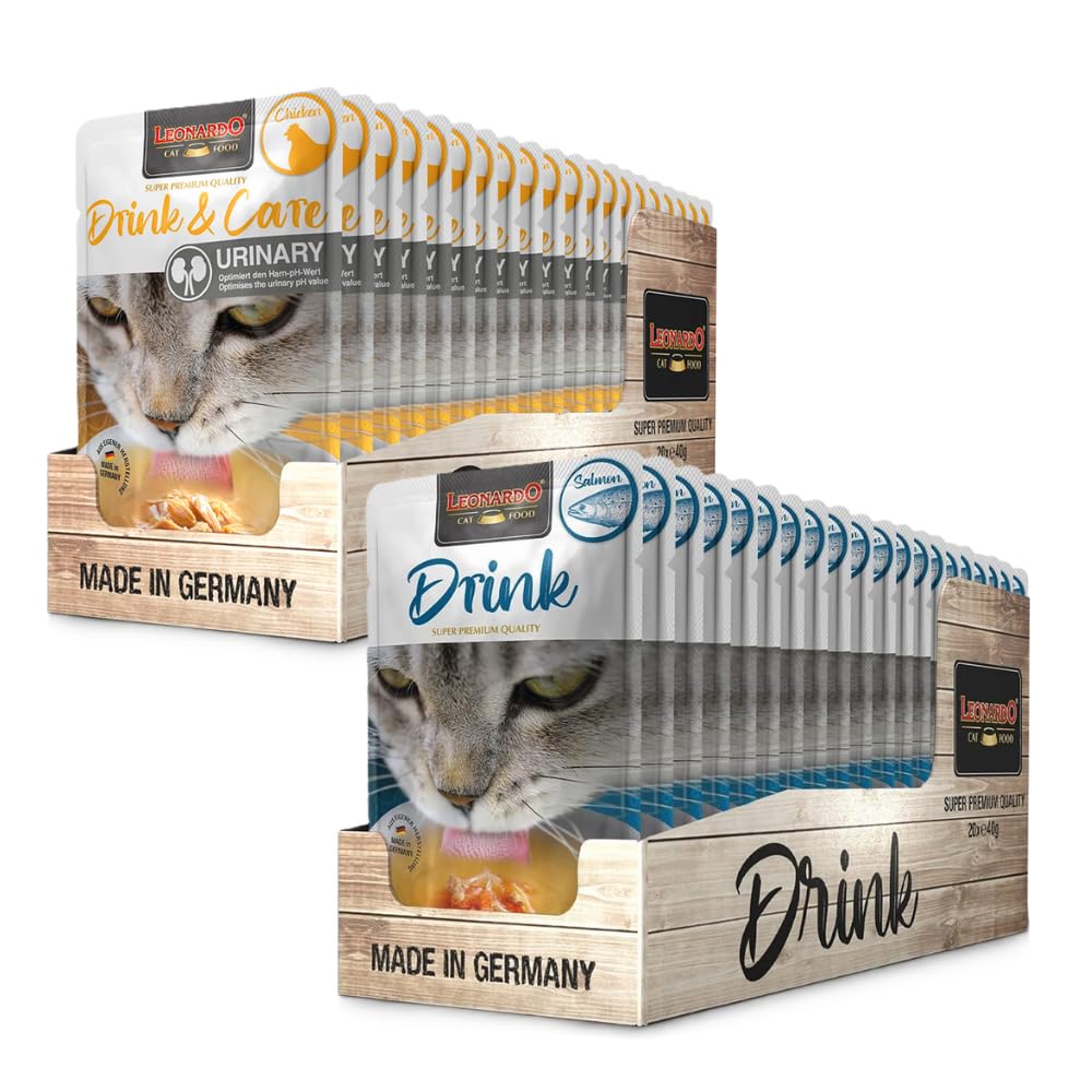 Leonardo Drink [Pack 2 Cajas De 20x40g Total 40 Sobres] Bebida para Gato | Caldo de Carne con Tiras | Alimento complementario para Gatos (Pollo Y Salmon)
