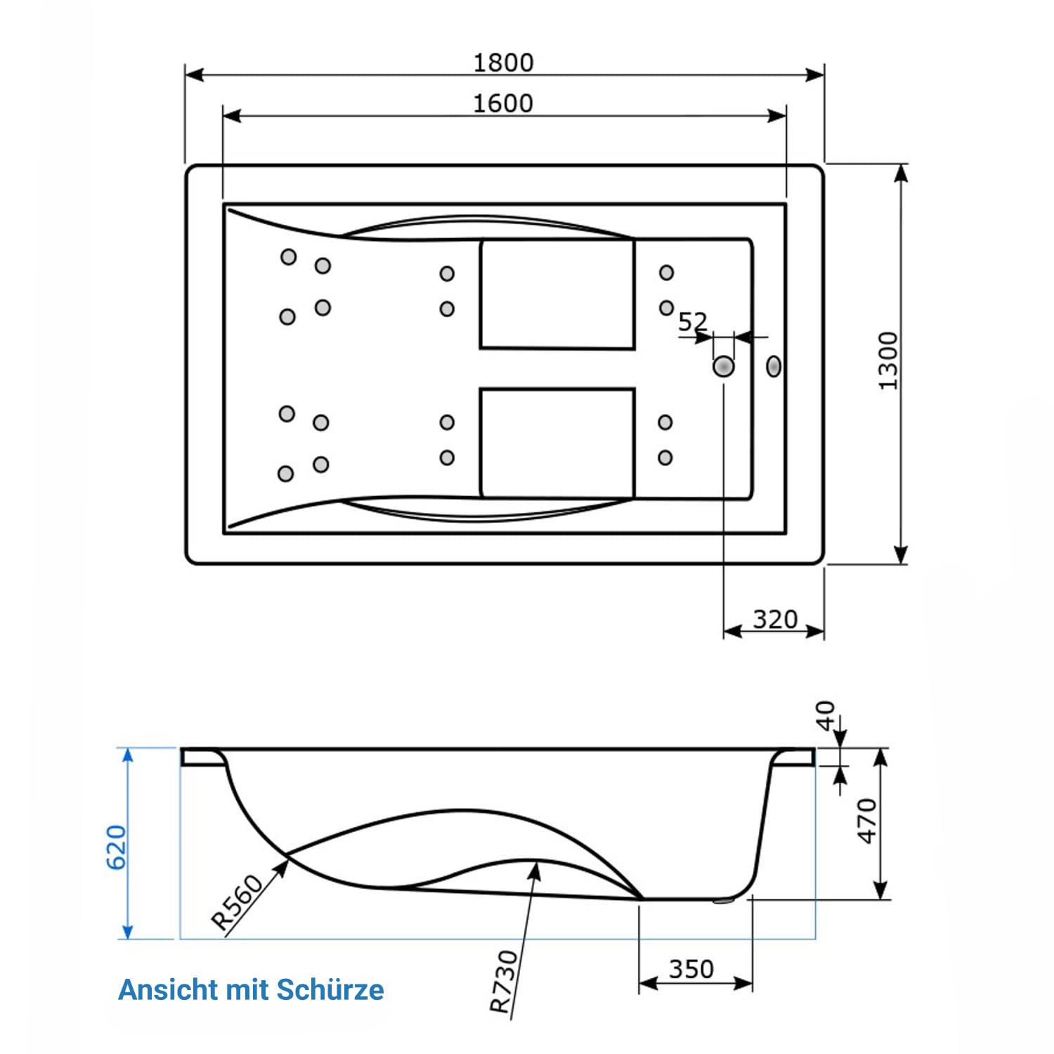 AQUADE Jacuzzi 2 Person Whirlpool Marburg Basic XL 180x130 mit LED Whirlpool Beleuchtung, Armatur Whirlpool Badewanne & Badekissen für Badewanne Whirlpool 2 Personen/Badewanne Komplett Set
