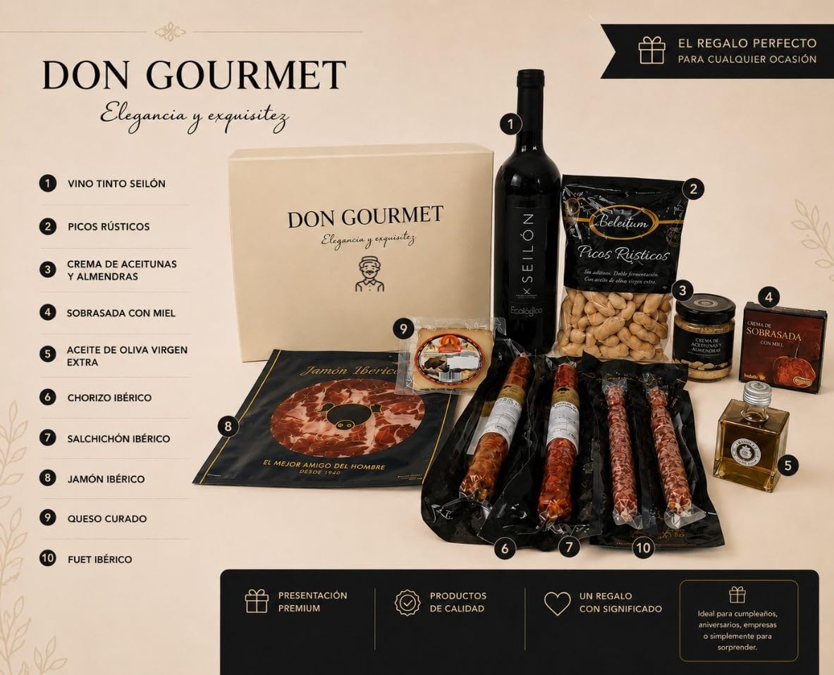 DON GOURMET, Cesta Gourmet para Regalar, Personalizable, Queso curado, jamón ibérico, chorizo ibérico, lote embutidos ibéricos, aceite de oliva, pack ibéricos, Regalo Profesor. (CESTA 6)