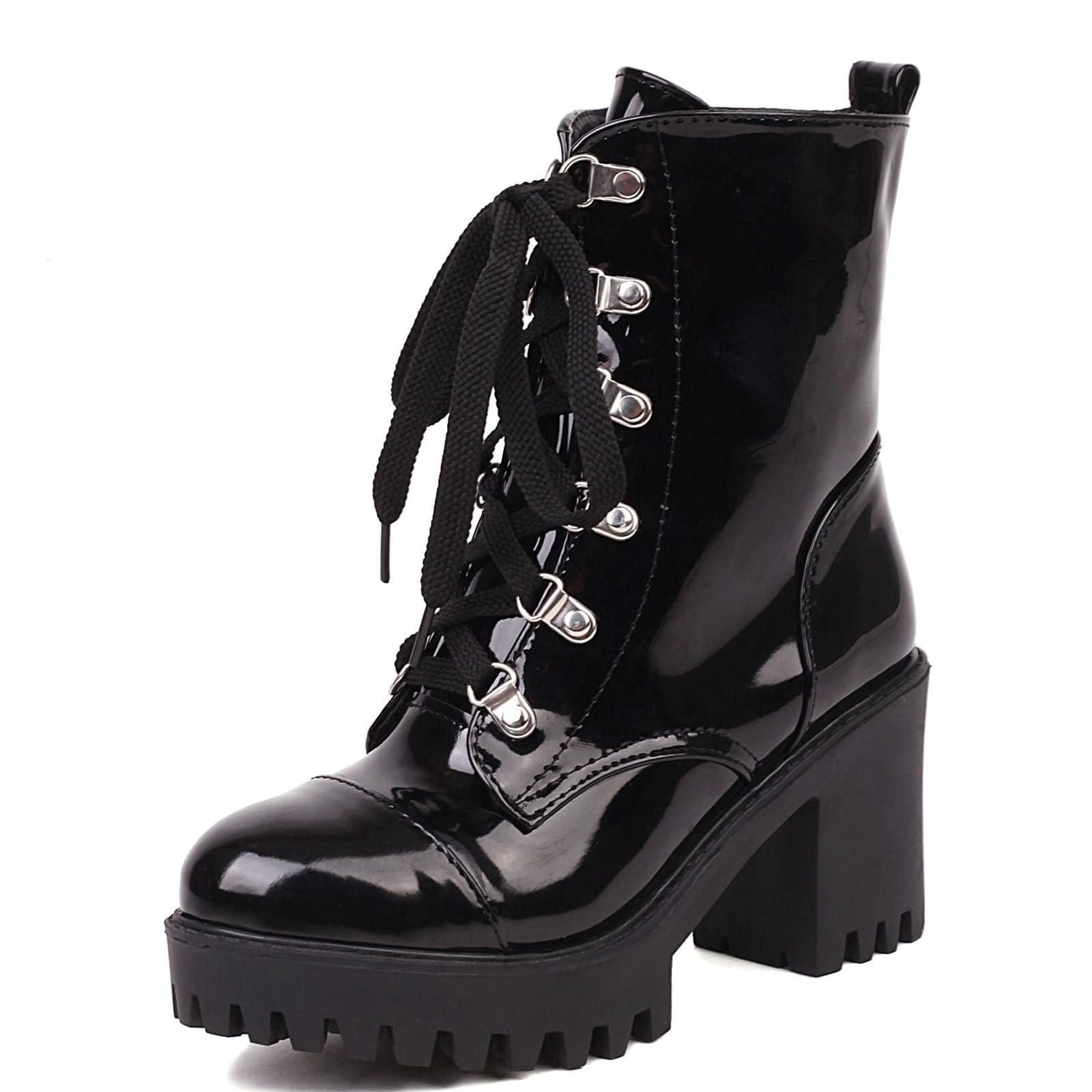 Betastella Lug Sole Platform Ankle Boots Lace Up Chunky Heeled Combat Boots Patent Leather Side Zip Booties