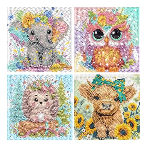 Yunruily 4 Packs Diamond Art Kits for Kids - Funny Animal Diamond Painting Kit for Kids 5D Diamond Painting Art Kit Crafts Sets for Girl Boy Children Christmas and Birthday Gifts 6x6inch