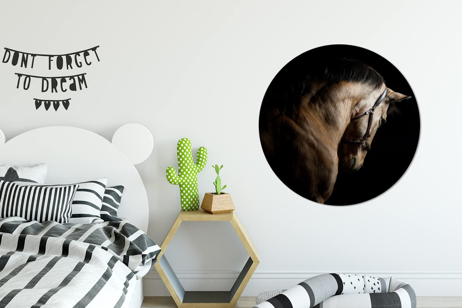 MuchoWow Wandbild Rund Wanddeko Deko Wohnzimmer Bilder 90x90 cm Pferde - Halfter - Schwarz