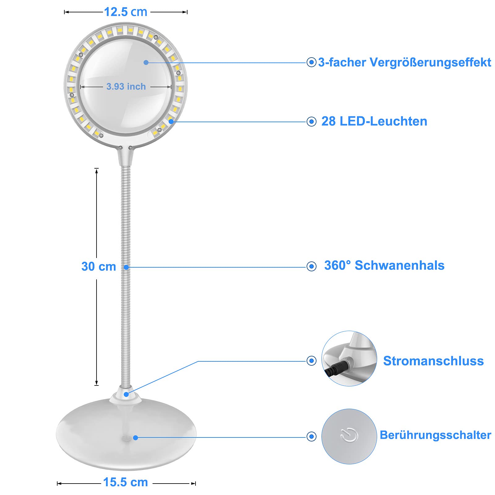 3X Dimmbare Led Lupenlampe, Große Freihändige Lupe Mit Licht und Ständer Zum Lesen Von Senioren Hobbies Crafts Workbench