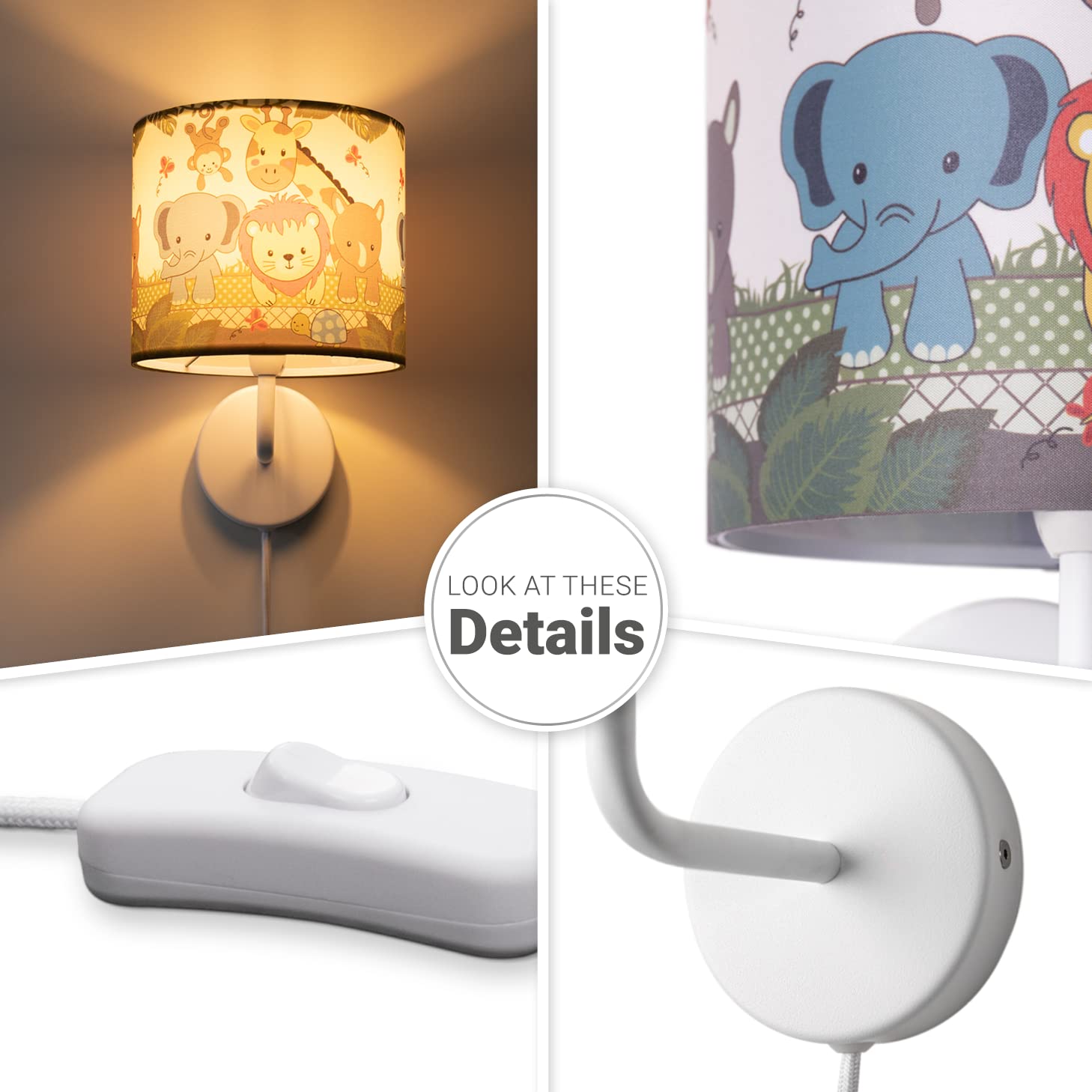 Paco Home Kinderzimmer Wandlampe Stoffschirm Wandleuchte Rund Dschungel Tiere Junge Mädchen E27 Zoo Mit Stecker Und Kabel