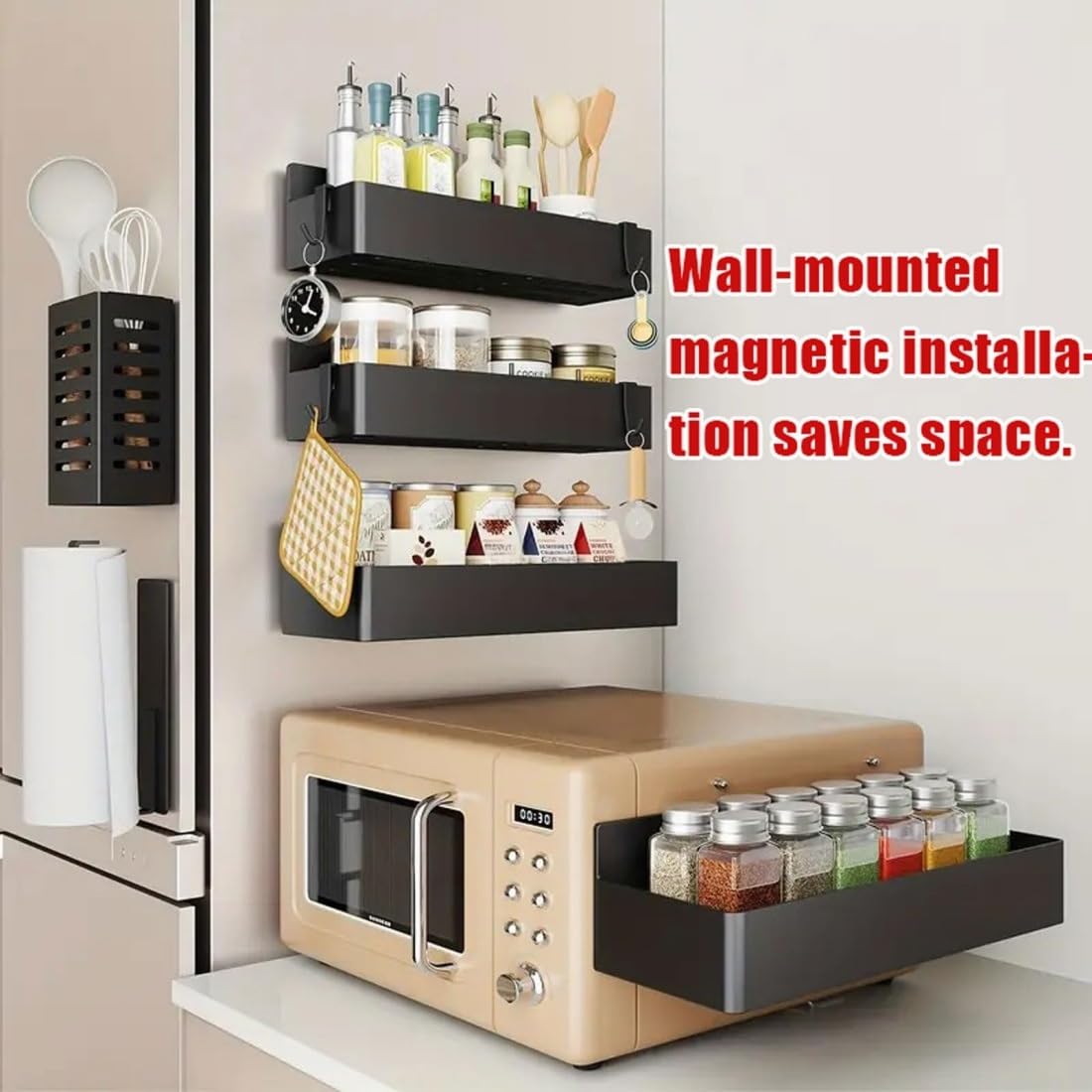 Starkes Magnetisches Kühlschrank-Regal zur Küchenorganisation | Kühlschrank Organizer mit 3kg Tragkraft, für Kühlschränke, Mikrowellen & Waschmaschinen(Rot,2*(S+L))