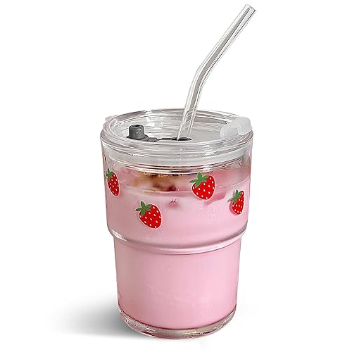 Olvini 13oz Glass Tumbler with Straw and Lid, Reusable Iced Coffee Cup Tumbler, Cute Glass Cups for Water, Matcha, Travel Coffee Mugs (Strawberry - 13oz) - Strawberry - 13oz