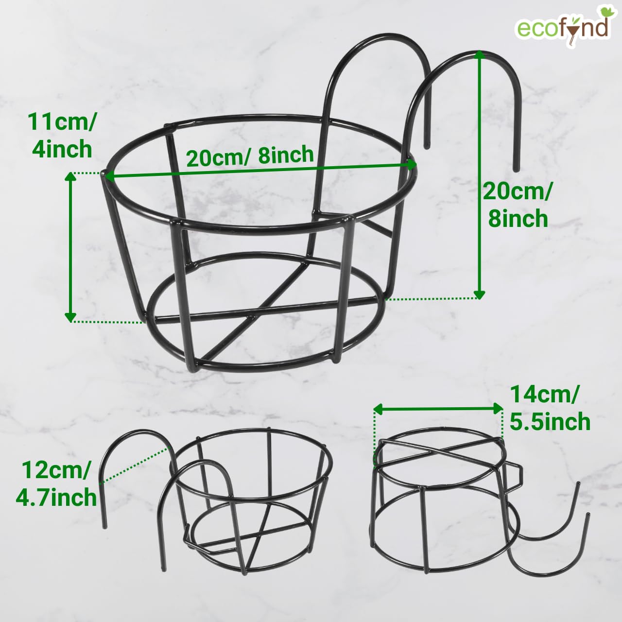 ecofynd Gamla Lot de 1 support rond en métal à suspendre pour pot de fleurs pour balustrade, articles de décoration pour balcon et intérieur (noir, PS028)