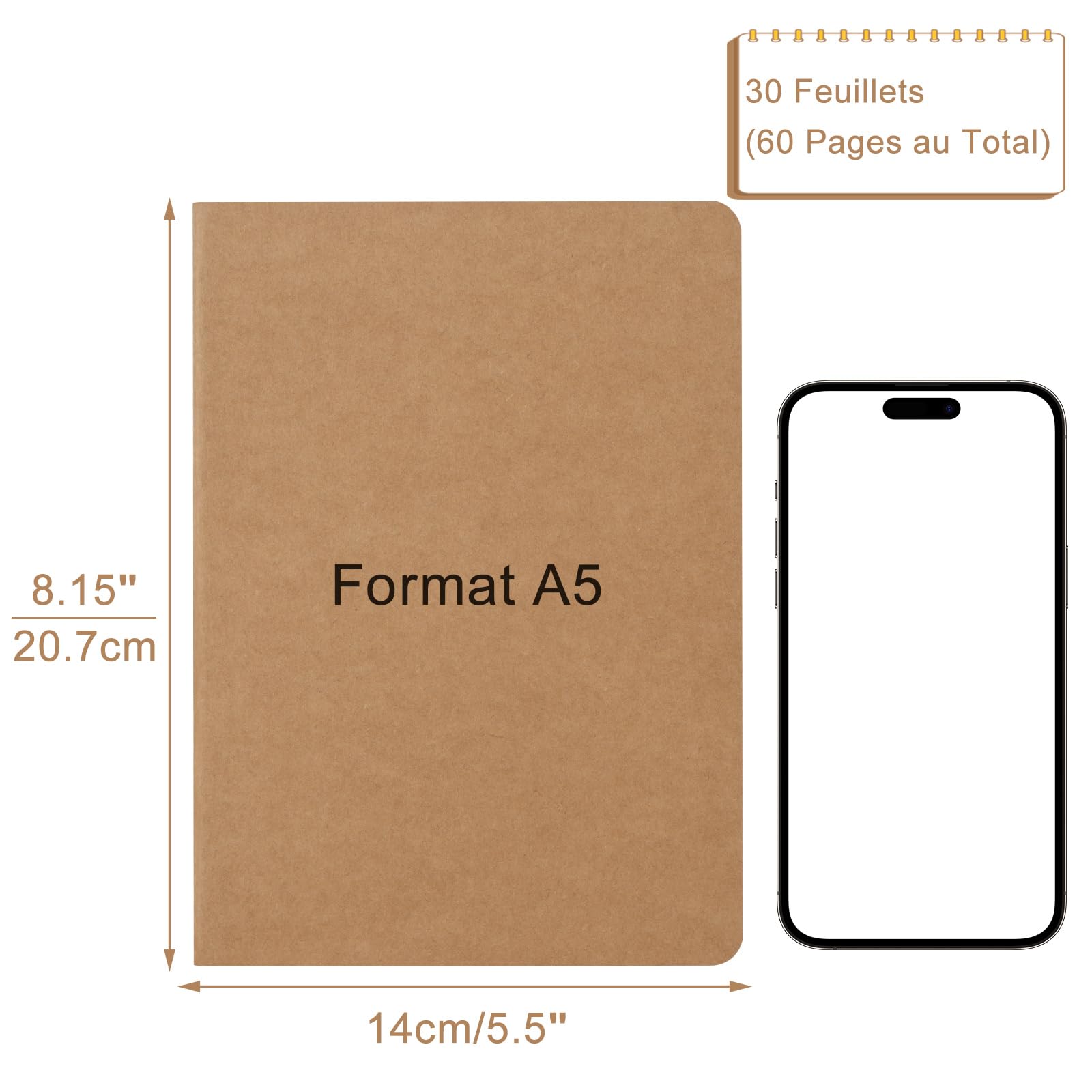 ZCZN A5 Cahiers Lignés Kraft 60 Pages par Bloc，Lot of 48 Blocs Carnet de Notes，80 gsm，Bloc Note Carnet Dessin，30 Feuillets Lignés