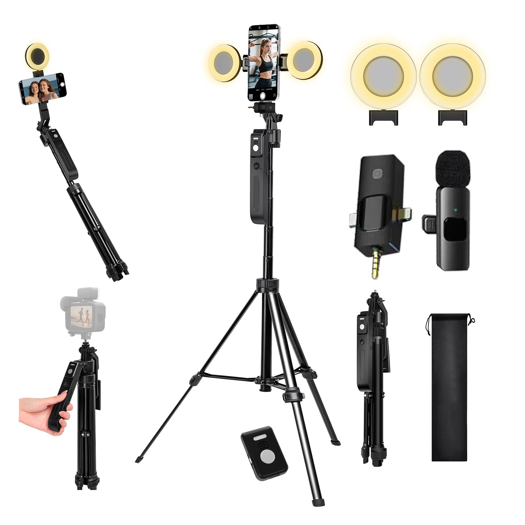 Vlogging-Kit für iPhone, Android, Handy, Gopro-Kamera, 180 cm (70,9 Zoll), automatischer Gesichts-Tracking-Tippod, um 360 Grad drehbar, Selfie-Stick-Stativ, Gestensteuerung