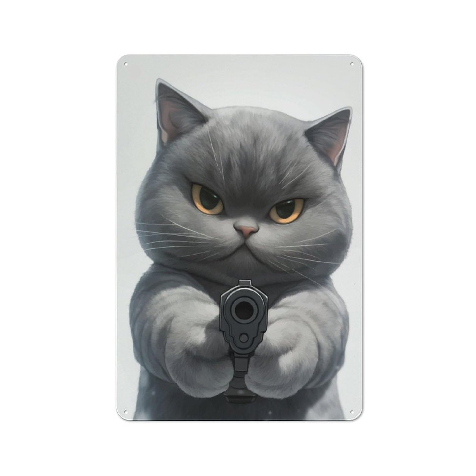 Junmoney Angry Cat With Gun Metal Plaque 30X20cm With For Hallway Wall, Rustic Decor, For Garage, Workshop And Man Cave Decoration